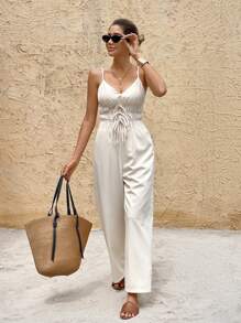 SHEIN Frenchy Women's Solid Color Minimalist Jumpsuit With Spaghetti Straps Summer Casual - Apricot - View 7