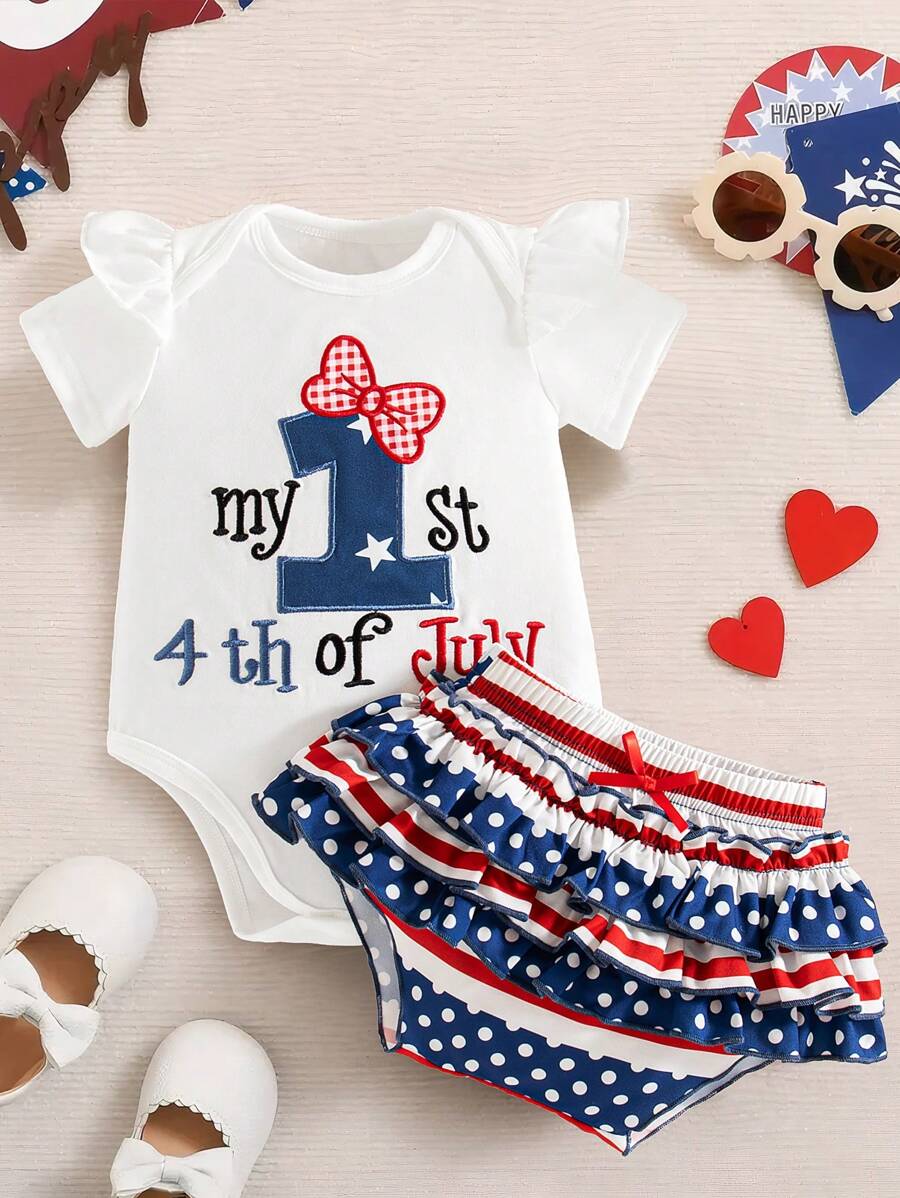 2pcs/Set Baby Girl Cute Letter Embroidery Fly Sleeve Romper And Striped Polka Dot Bow Shorts Set, Summer , 4th Of July Outfit - White - View 1