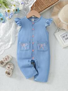 SHEIN 女婴可爱刺绣蝴蝶结口袋连体衣，春夏款