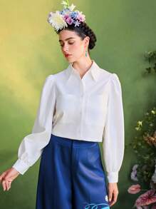 Frida Kahlo X SHEIN X Designer Israel Jasso White Floral Print Buttons Puffed Long Sleeves Pockets Shirt Women Summer Vacation