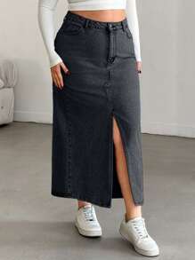 SHEIN Cottnline Plus High Waist Front Slit Denim Skirt - Light Grey - View 6