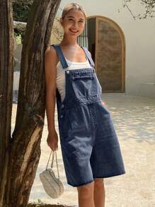 Livesso 女式做旧纯色街头休闲度假牛仔连体裤，夏季工装裤 - 深色水洗藍 - 查看 5