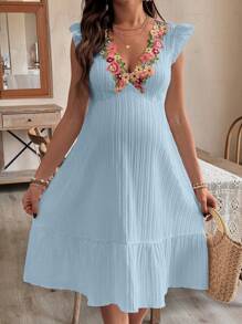 SHEIN Ruffle Sleeve V-Neck Textured Maternity Dress - Baby Blue - View 5