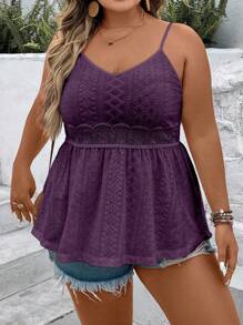 Breezaya Plus Size Women Summer Vacation Style Solid Color Mesh Embroidery Lace Patchwork Ruffle Hem Camisole Top - Purple - View 5