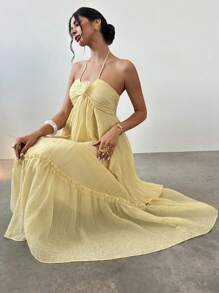 Firerie 女士优雅浪漫3D花卉褶饰黄色蛋糕中长连衣裙 - 黃色 - 查看 2