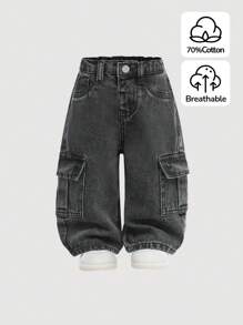 SHEIN 男婴街头酷炫水洗迷彩工装口袋宽松牛仔裤，休闲百搭，适合男婴秋冬装