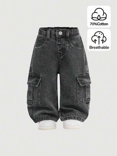 SHEIN Baby Boys' Street Cool Washed Camo Cargo Pocket Loose Fit Denim Jeans,Casual And Versatile For Baby Boys Fall/Winter Clothes