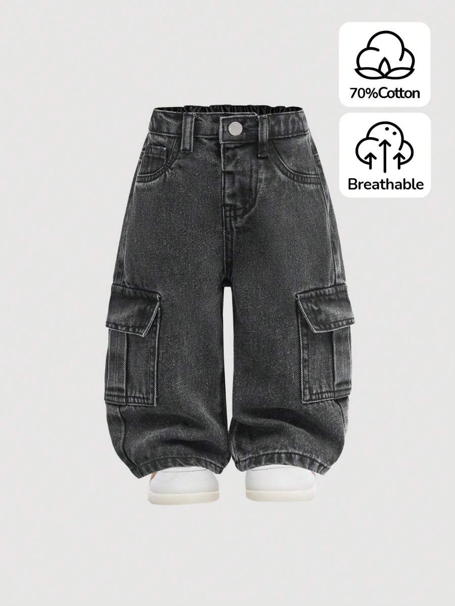 SHEIN 男婴街头酷炫水洗迷彩工装口袋宽松牛仔裤，休闲百搭，适合男婴秋冬装