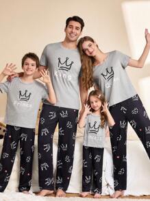 SHEIN 皇冠印花短袖和长裤男童睡衣套装 - 灰色 - 查看 2