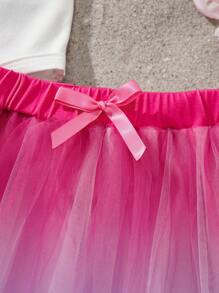 BABY SHARK X SHEIN Baby Girl Cartoon Cute Yellow Shark Heart Graphic White Casual Short Sleeve Bodysuit And Pink Mesh Cute Mini Skirt Set - Multicolor - View 5