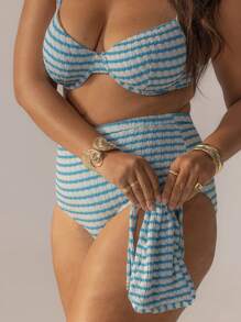 Aralina Conjunto de bikini con aros, cintura alta y rayas lindas y curvas con bolsa de natación para vacaciones y 4 de julio, perfecto para outfits de verano y días de playa