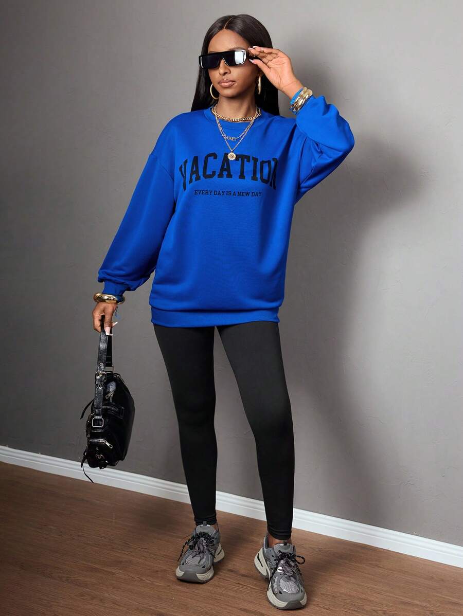SHEIN Teen Girls Blue & Black Sweatshirt Set,Letter Print Round Neck Mid-Length Top & Leggings,Autumn,Streetwear,Holiday Outfit School Sports Hoodie Clothes - Multicolor - View 1