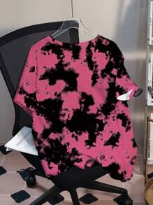 THE POWERPUFF GIRLS X SHEIN Plus Size Round Neck Short Sleeve T-Shirt, Comfortable & Casual, Featuring Tie-Dye & Blossom, Bubbles, Buttercup Pattern
