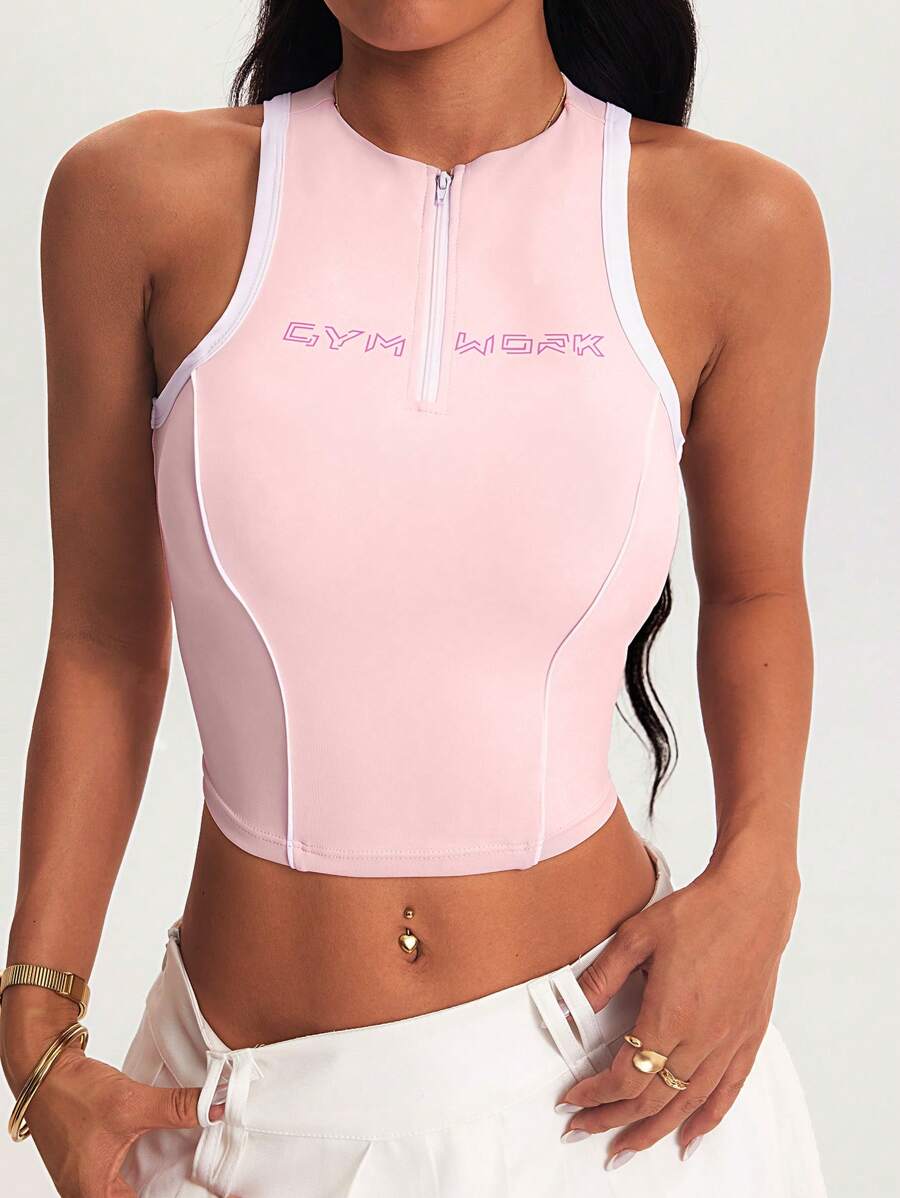 SHEIN Sovereign Charm Canotta sportiva da donna rosa e bianca, aderente, corta, con mezza chiusura lampo, ideale per yoga e allenamento, perfetta per l'estate, palestra e tempo libero. - Rosa - Visualizzare 1