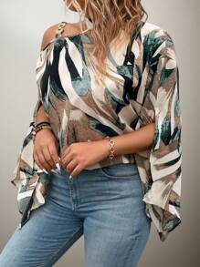 Flouryn Plus Size Women's Random Print Simple Daily Shirt One Shoulder Top - Multicolor - View 4