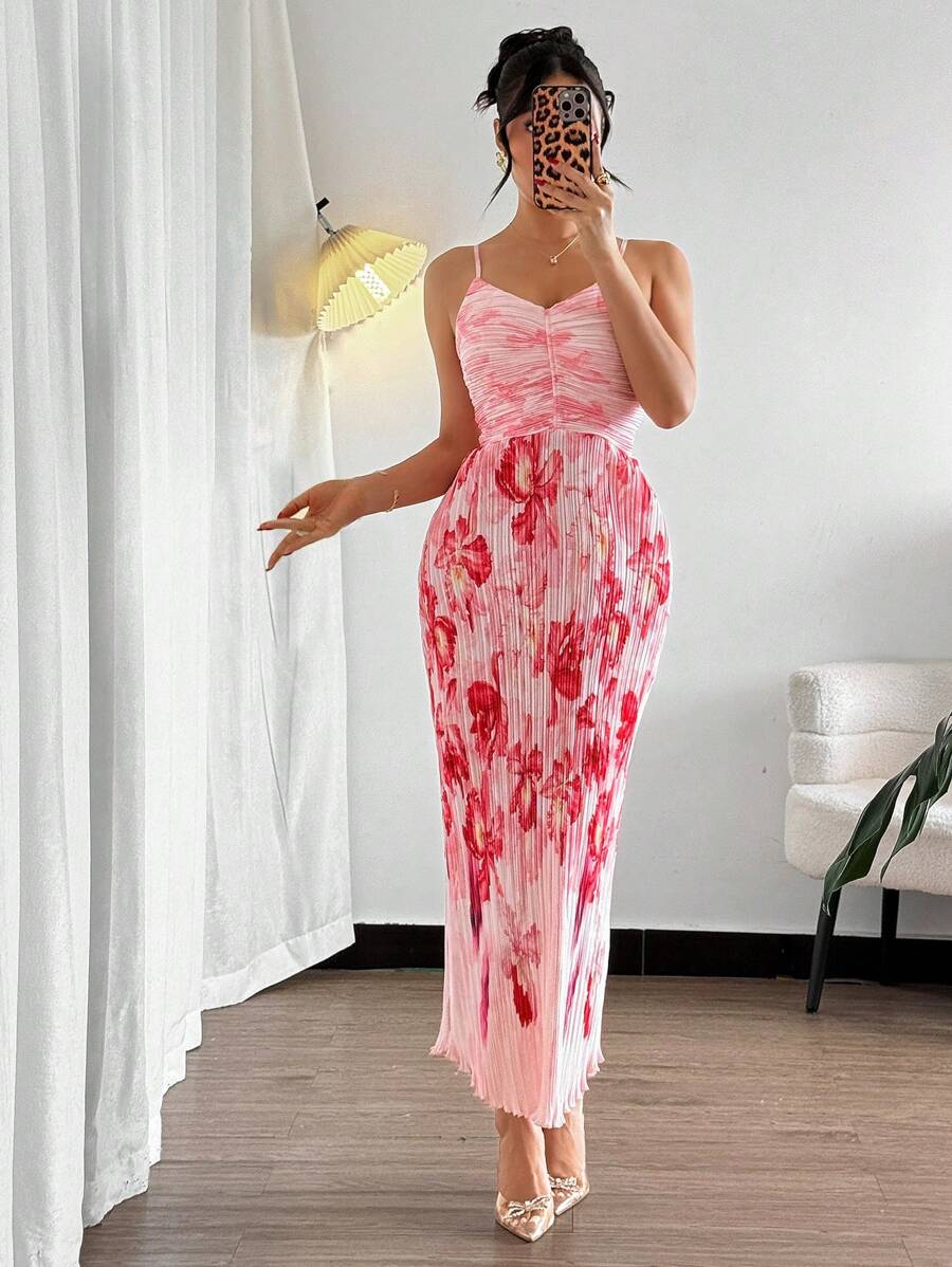 Modelyn 粉色细肩带数码印花百褶腰度假连衣裙 - 彩色 - 查看 1