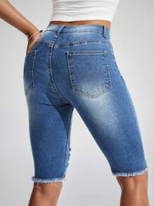 SHEIN Essnce Ripped Pocket Color Contrast Casual Versatile Skinny Denim Capri Pants - Dark Wash - View 2