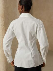 Aveloria Elegant sophisticated französischer Stil Damen Büro Pendler hochwertiges luxuriöses Design strukturierter floraler Dekor Kragen tailliert schlanke Passform Langarmbluse - Weiss - Übersicht 6