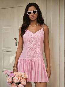 Easelle Abito a portafoglio casual e da vacanza estivo per donna, con ricami di occhielli rosa