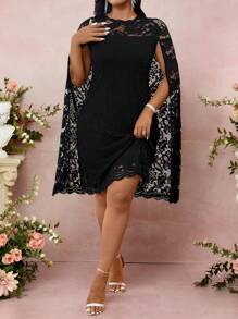Allurite Women's Plus Size Round Neck Slit Long Sleeve Cape Loose Fit Lace Dress Summer Women Outfit Spring Dress Elegant Lace Dress Wedding Women Dress Romantic Dress Wedding Guest Business Casual Dress