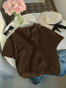 Comfortcana Plus Size Solid Color See-Through Hollow Out Casual Long Sleeve Sweater In Fall/Winter - Brown - View 3