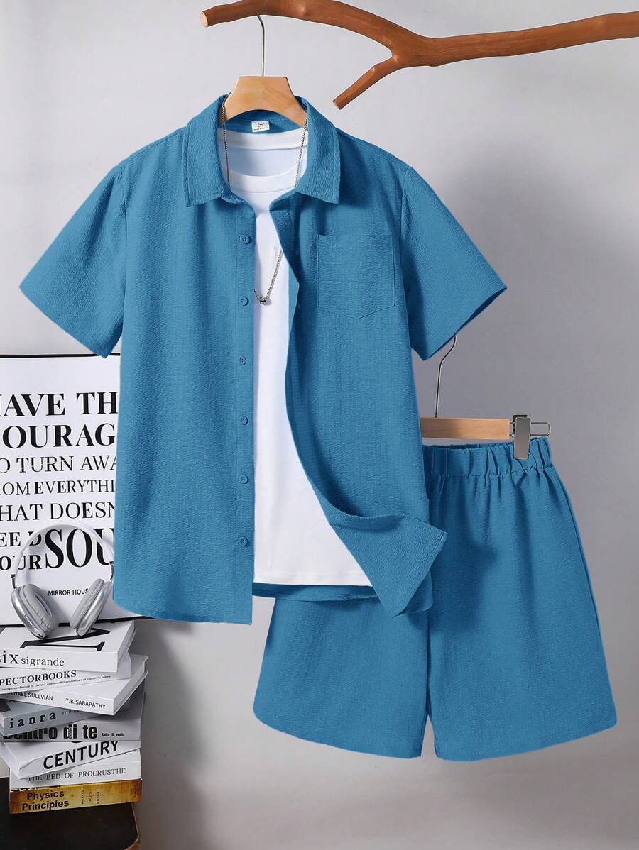 SHEIN 2pcs/Set Teenager Boy Casual Comfortable Textured Short Sleeve Shirt And Shorts Set Summer Clothes Short Sets For Teen Boys Boys Blue Short Set - Dusty Blue - View 1