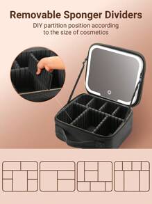 Teckwe Travel Makeup Bag With LED Mirror, Cosmetic Train Case With Light Up Mirror, Portable Makeup Artist Organizer Bag With Adjustable Dividers, Makeup Brush Holder Storage Y2K Fashion Makeup Cosmetic Party Beach Travel Camping Outdoors School Campus - Black - View 4