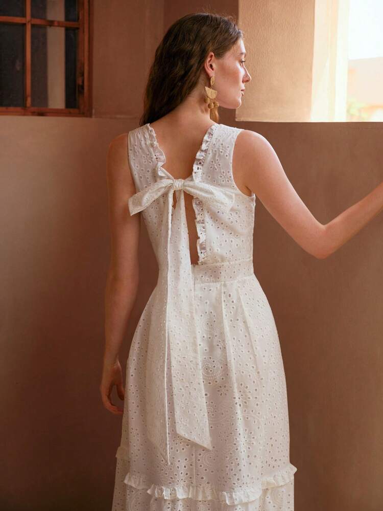 EYELET EMBROIDERY RUFFLE TRIM DRESS