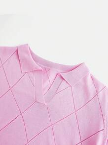 BizChic Women's Autumn Lavender Purple Polo Collar Diamond Knit Short Sleeve Pullover Sweater, Basic Minimalist Elegant Business Casual Office Wear - Pink - View 9