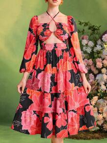 TIYA Frida Kahlo X SHEIN X Designer Floral Printed Bishop Sleeves Halter Neck Smocking Layered Midi Dress Women Summer Dress - Multicolor - View 8