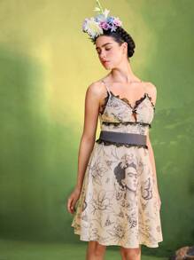 Frida Kahlo X SHEIN X Designer Oxana Vestido corto floral negro con estampado de figuras, con tirantes ajustables y fluido para mujer, para verano, vacaciones y días festivos