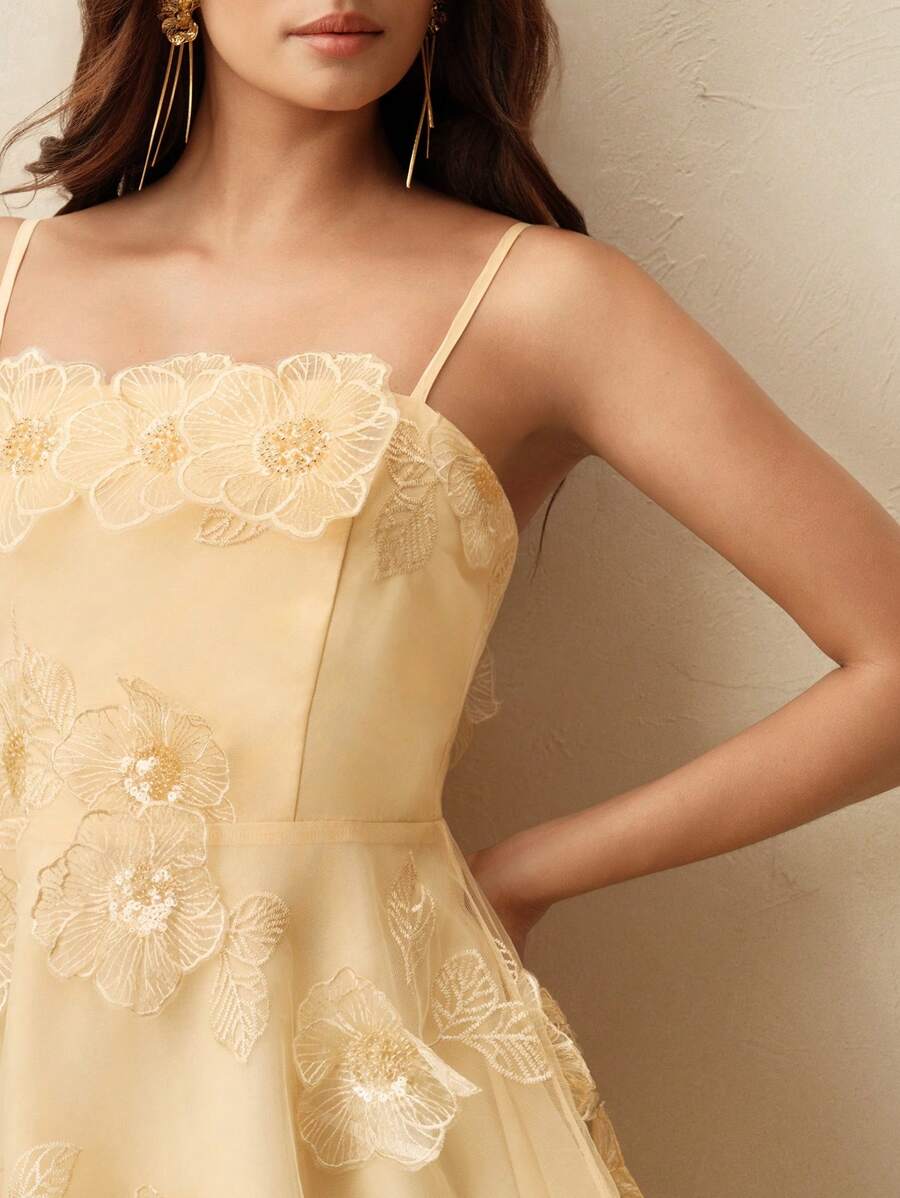 Anewsta 优雅白色欧根纱花卉装饰 A 字型伴娘鸡尾酒礼服，束腰修身短裙，适合夏季、假日、休闲、节日、度假 - 黃色 - 查看 1