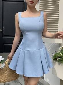 Modelyn Women's Sleeveless Solid Waffle Ruffle Collar Mini Dress, Summer - Blue - View 1