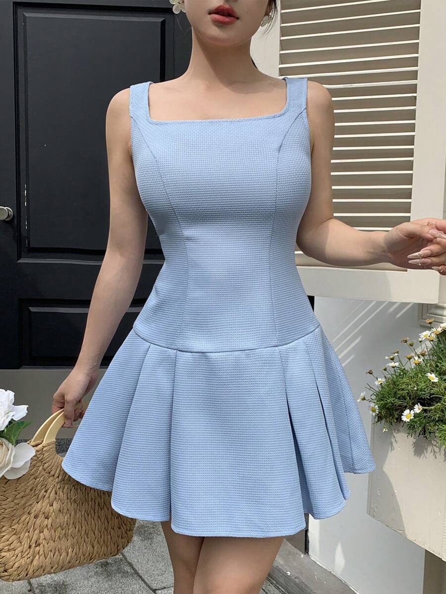Modelyn Women's Sleeveless Solid Waffle Ruffle Collar Mini Dress, Summer - Blue - View 1