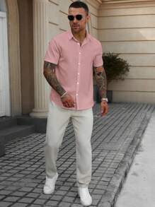 Manfinity Homme Men's Pink Checkered Summer Casual Vacation Button Up Shirt,100 Percent Cotton Textured Short Sleeve Loose Simple Button Down Shirt,Gift For Husband, Formal - Pink - View 4