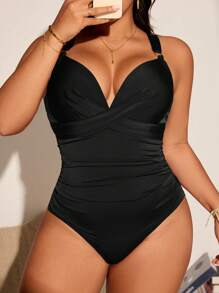SHEIN Swim Curve 加大码女式连体海滩度假泳衣黑色连体泳衣黑色泳衣收腹泳衣连体泳衣女式夏季海滩度假泳衣 - 黑色 - 查看 4
