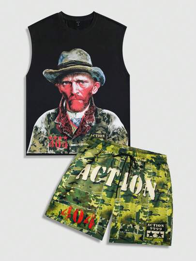 2pcs/Set Men Y2K Street Life Character Printed Tank Top And Shorts