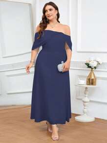 Coutiva فستان أنيق بلون أحادي بدون ظهر وخارج الكتف مقاسات كبيرة - أزرق بحري - مشاهدة 7