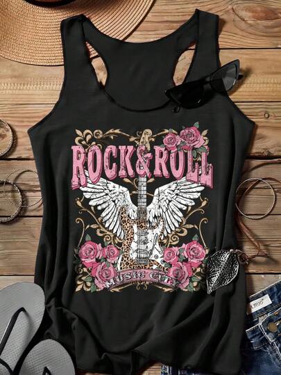 SHEIN LUNE Women's ROCK Casual Floral Guitar Wings Print Tank Top, Suitable For Summer,Casual