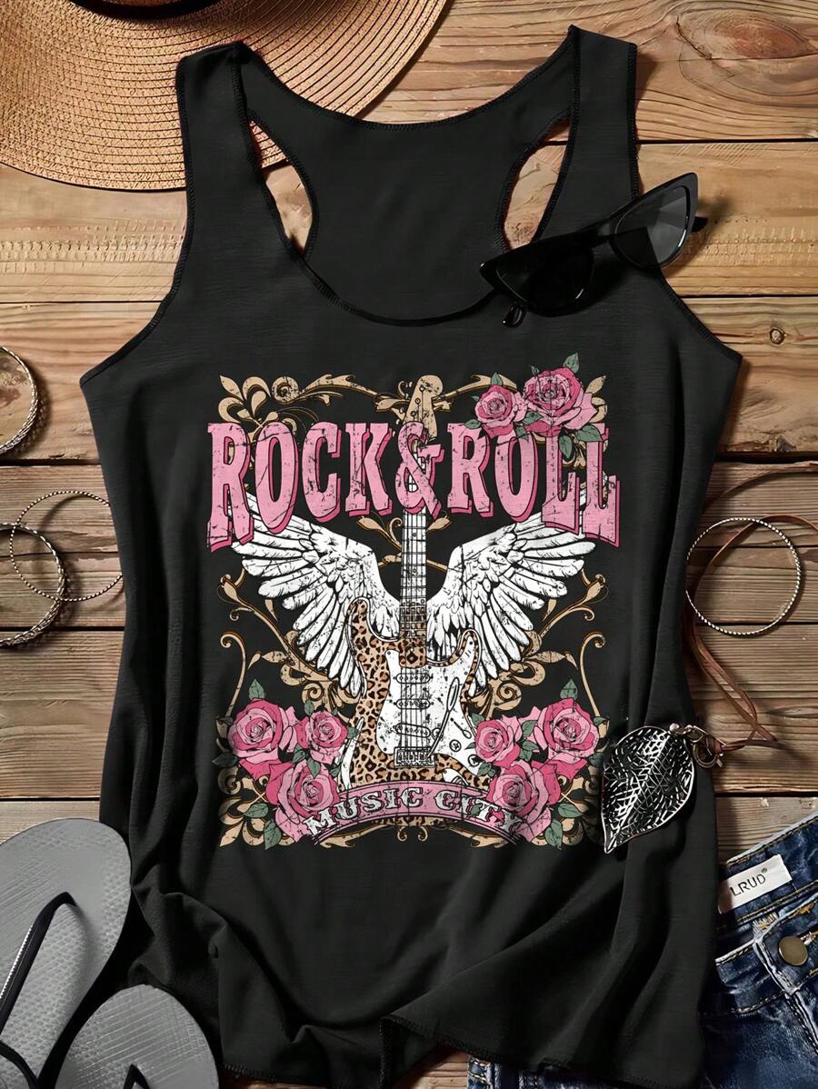 SHEIN LUNE Tank Top Wanita ROCK Kasual Motif Bunga Gitar dan Sayap, Cocok untuk Musim Panas, Kasual