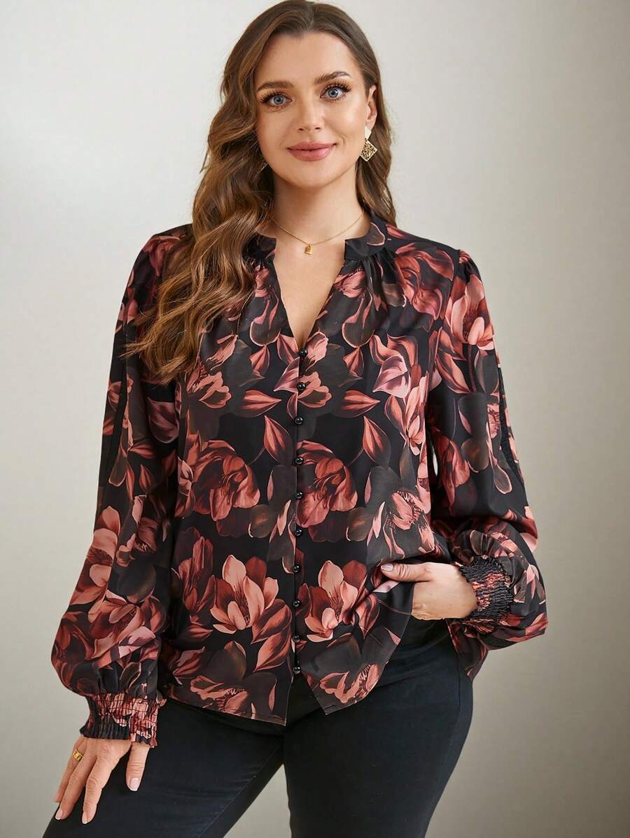 EMERY ROSE Plus Size Women's Elegant Chiffon Floral Button-Up Loose Long Sleeve Shirt With Contrast Lace And Ruffle Cuffs In Metallic Colors - Multicolor - View 1