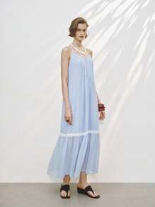 Lumivelle Romantisches blaues Damen Maxikleid mit Blumen Muster und Rüschen-Trägern, geeignet für den Urlaub