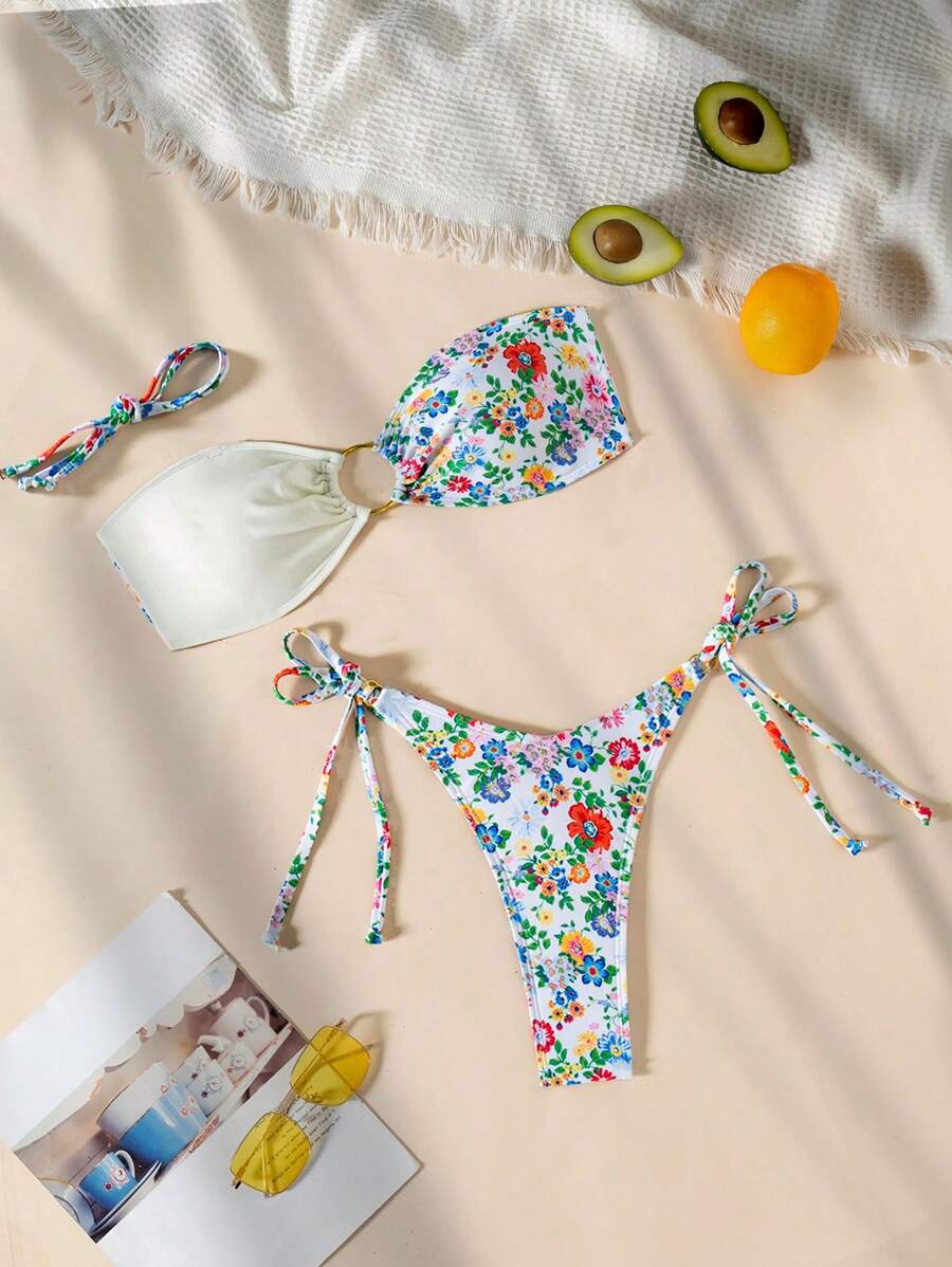 SHEIN Swim Women's 2-Piece Floral Print Patchwork Ring Tie Bandeau Bikini Set For Summer Beach Vacation - Multicolor - View 1