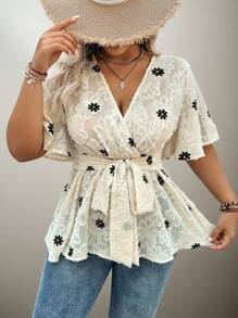 Flouryn 大碼花卉印花鬆緊腰衣，帶開口細節，夏季 - 杏色 - 查看 5