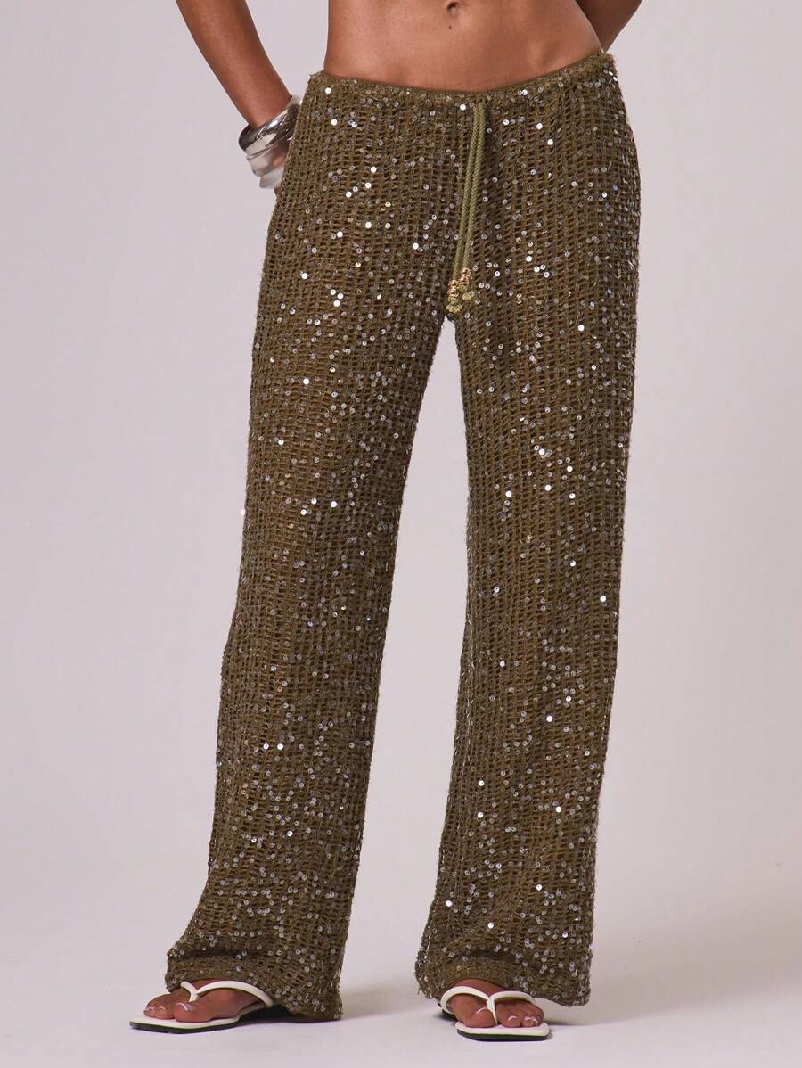 Musera Resort 女士罩衫 伊比沙岛波西米亚风度假沙滩优雅夏季亮片阔腿钩针裤 春季卡维纳尔沙滩装 - 橄欖綠 - 查看 1