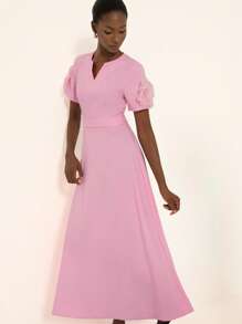 GENKIRA Elegant Women's Lavender Summer Round V-Neck Dress,Wedding Ninang 3D Floral Decoration,Waistline Defining,Flared Skirt,Luxurious Sophisticated Design - Pink - View 3