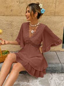 SHEIN Frenchy Women's Vacation Casual Solid Color Lace Patchwork Ruffle Hem Short Dress Summer Brown - Brown - View 5