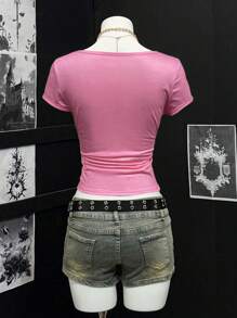 SHEIN DivaQ 女式透明印花V领半开襟短袖T恤 - 粉色 - 查看 2