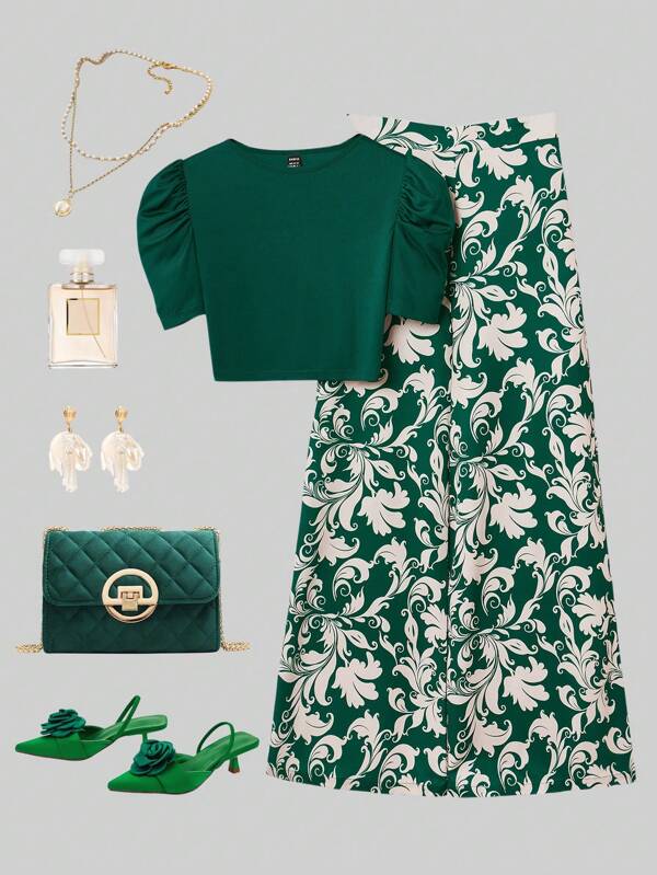 Ellevyn Conjunto de dos piezas para mujer compuesto por camiseta de manga corta con manga de globo y pantalones de color verde con estampado floral