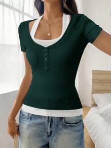 SHEIN Unity Contrast Color Splicing 2 In 1 Boutique Fitted T-Shirt - Dark Green - View 4